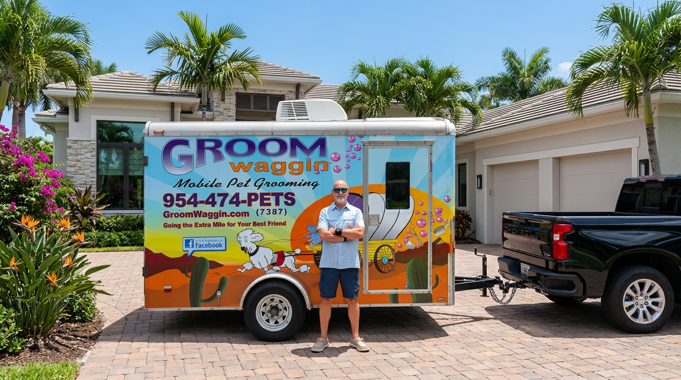 Groom Waggin owner standing in front of the mobile grooming trailer