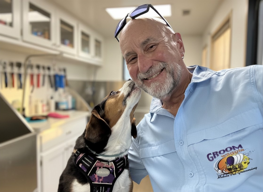 Groom Waggin owner sharing a moment with a happy dog inside the mobile grooming salon