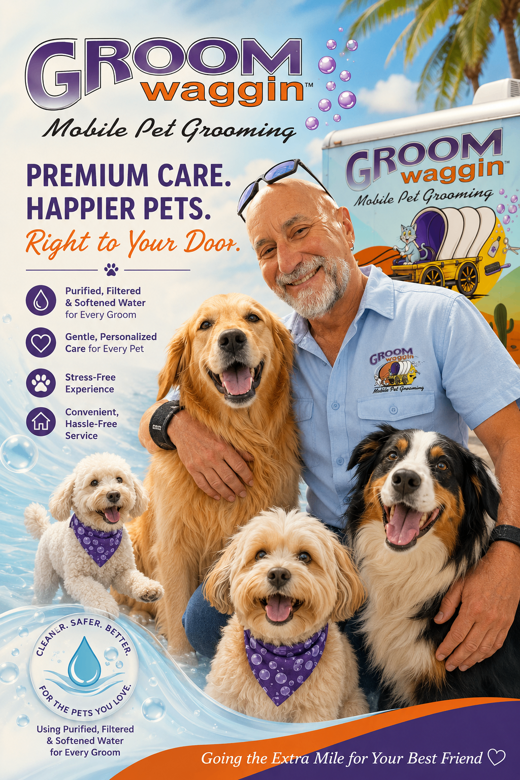 Happy golden doodle inside a Groom Waggin mobile grooming van